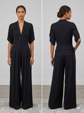 Black Pleated V-Neck Wide-Leg Jumpsuit